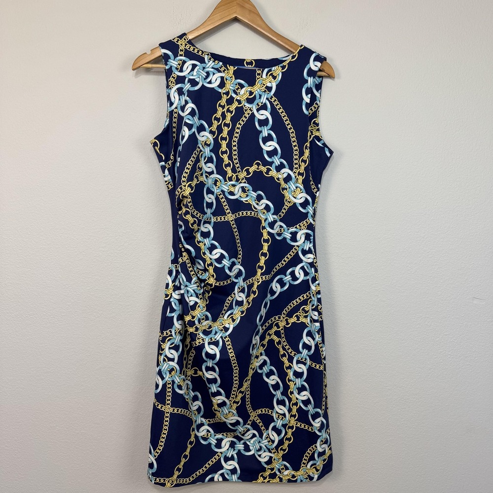 J McLaughlin Dress Women's Medium Blue Chain Sleeveless Sage Sheath Stretch NWT